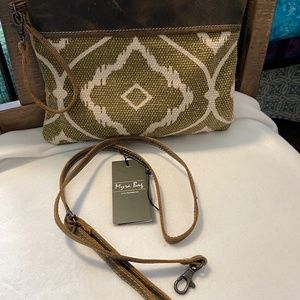 Myra Upcycled Canvas & Cowhide Leather, woven tapestry Small Crossbody Bag